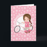 Brunette Bicycle Girl - Pink White Karte<br><div class="desc">This design features a cute brunette girl with her pink bicycle. On pink and white cute scallop accent background.</div>