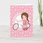 Brunette Bicycle Girl - Pink White Karte<br><div class="desc">This design features a cute brunette girl with her pink bicycle. On pink and white cute scallop accent background.</div>