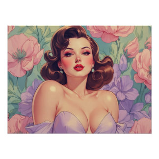 Brünette Button-Up Pastel-Blume Poster