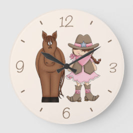 Brünette Cowgirl- und Pferdewall-Uhr Große Wanduhr