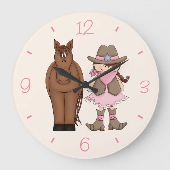 Brünette Cowgirl- und Pferdewall-Uhr Große Wanduhr (Vorderseite)