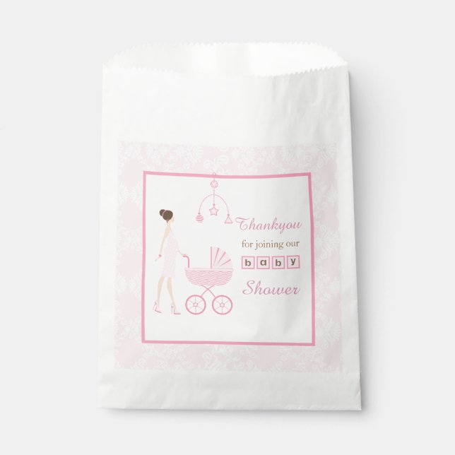 Brünette Frauendusche aus Pink Damask Geschenktütchen (Vorderseite)