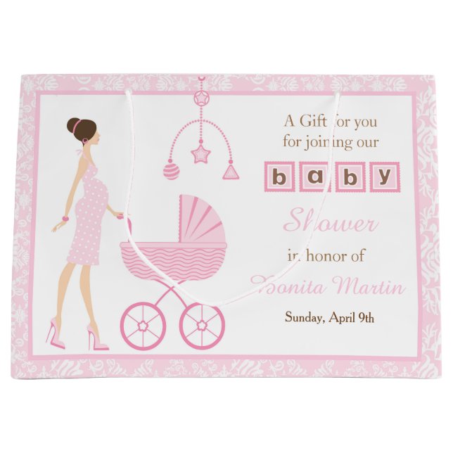 Brünette Frauendusche aus Pink Damask Große Geschenktüte (Vorderseite)