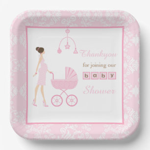 Brünette Frauendusche aus Pink Damask Pappteller