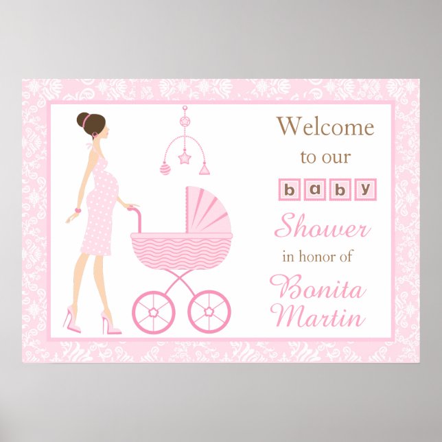 Brünette Frauendusche aus Pink Damask Poster (Vorne)