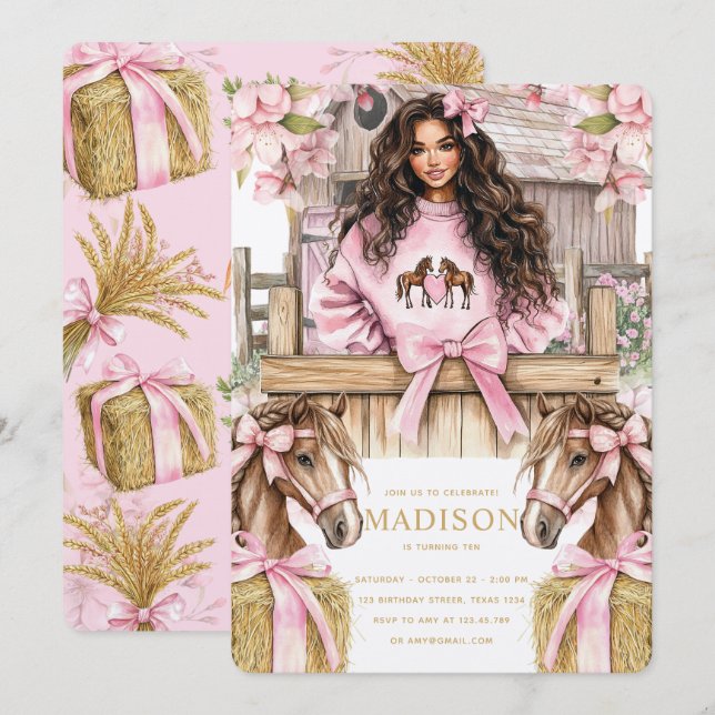 Brunette Girl Horse Birthday Invitation Einladung (Vorne/Hinten)