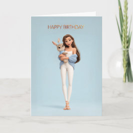 Brunette Girl in Blue Cardigan w/ White Bunny BDay Karte