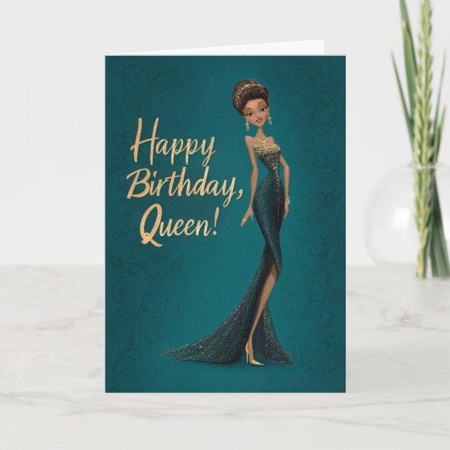 Brunette Girl in Dark Teal Gown Happy BDay Queen Karte (Vorderseite)