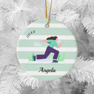 Brunette Girl Skating Rollerblading Name & Year Keramik Ornament