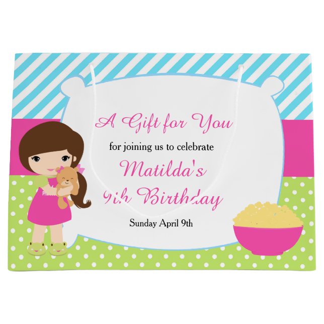 Brünette Girl Sleepover Slumber Party Geburtstag Große Geschenktüte (Vorderseite)