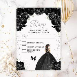 Brünette Haarprinzessin in Schwarz und Silber RSVP Karte