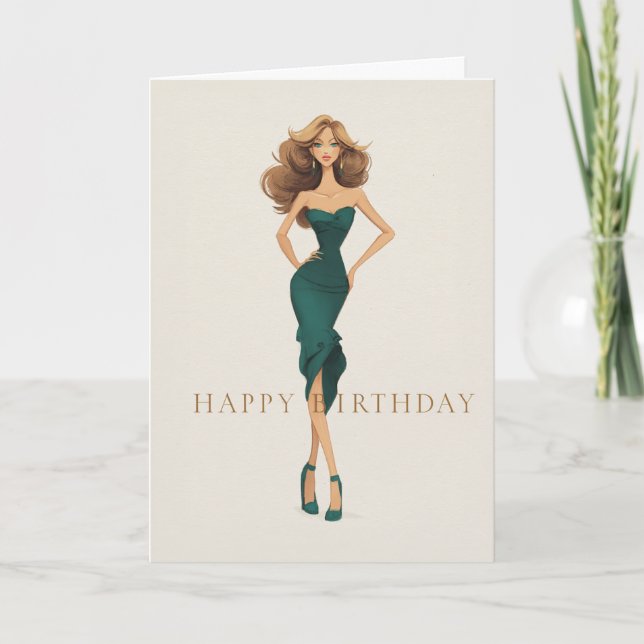 Brunette in Elegant Dark Teal Dress Fashion BDay Karte (Vorderseite)