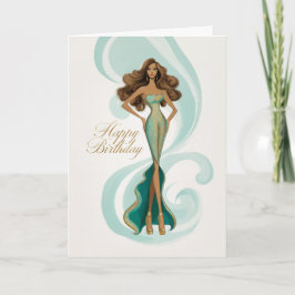Brunette in Elegant Teal Gold Glam Fashion BDay Karte
