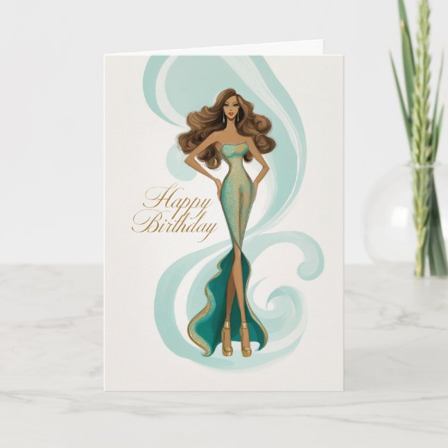 Brunette in Elegant Teal Gold Glam Fashion BDay Karte (Vorderseite)