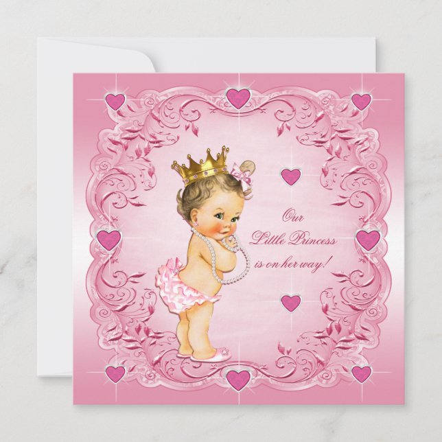 Brünette kleine Prinzessin Liebe Herz Babydusche Einladung (Vorderseite)