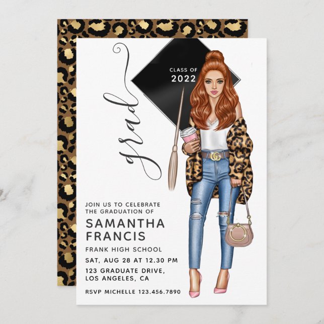 Brünette Leopard Girl Graduation Party - Einladung (Vorne/Hinten)