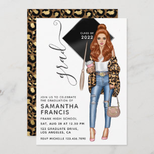 Brünette Leopard Girl Graduation Party - Einladung