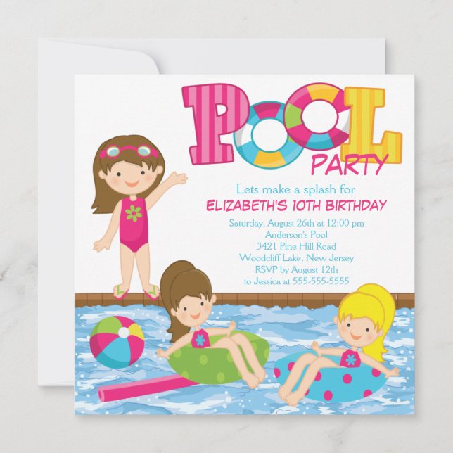 Brünette Mädchen-Geburtstags-Pool-Party Einladung (Vorderseite)