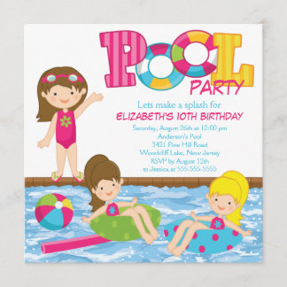 Brünette Mädchen-Geburtstags-Pool-Party Einladung
