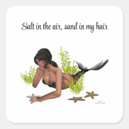 Brünette Meerjungfrau mit Starfish Aufklebern Quadratischer Aufkleber