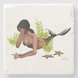 Brünette Meerjungfrau mit Starfish Stone Untersetz Steinuntersetzer