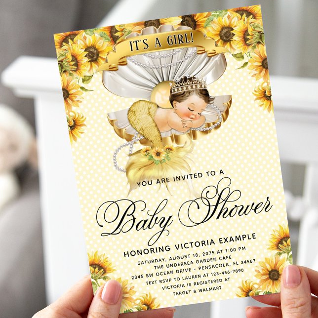 Brünette Meerjungfrau Sonnenblume Kinderdusche Ein Einladung (Von Creator hochgeladen)