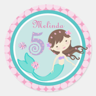 Brünette Mermaid Age Five Birthday Sticker
