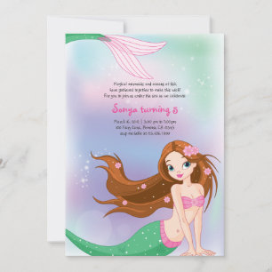 Brünette Mermaid Birthday Einladungskarte Einladung