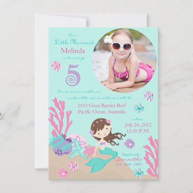 Brünette Mermaid Fünfter Geburtstag Einladung (Vorderseite)