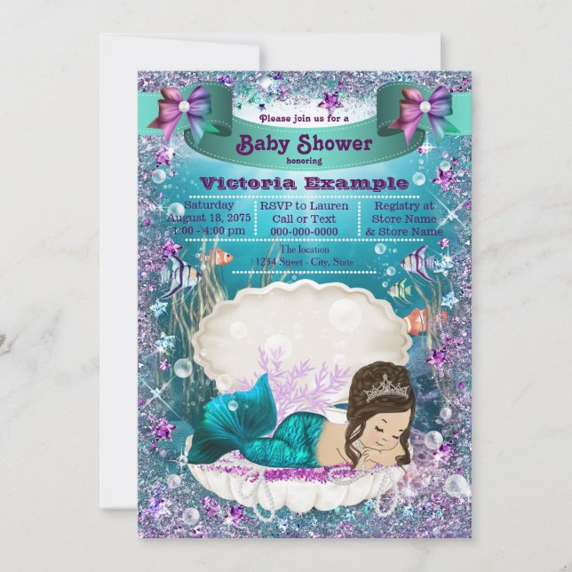 Brünette Mermaid Princess Babydusche Einladung (Vorderseite)