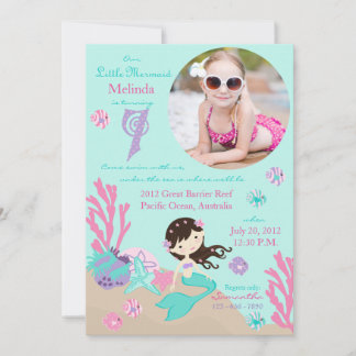 Brünette Mermaid Siebter Geburtstag Einladung