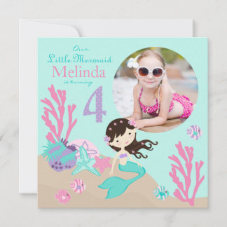Brünette Mermaid zum vierten Geburtstag Einladung