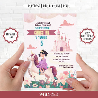 Brünette Princess Riding Unicorn Party Einladung