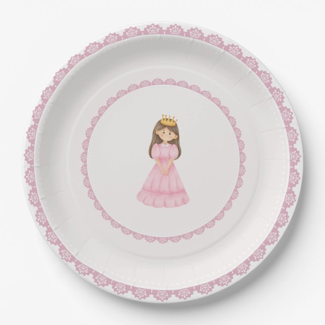 Brünette Prinzessin Pink Lace verzaubert Pappteller (Vorderseite)