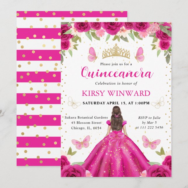 Brünette Prinzessin Quinceanera, heiß rosa Einladung (Vorne/Hinten)