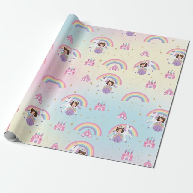 Brünette Prinzessin und Einhorn-Regenbogen zum Geb Geschenkpapier (Ungerollt)