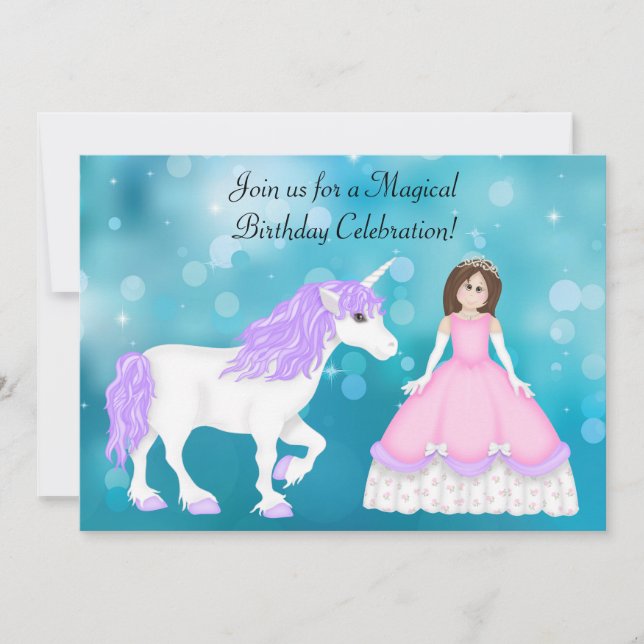 Brünette Prinzessin und Einhorn zum Geburtstag Einladung (Vorderseite)