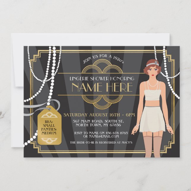 Brünette Wäsche-Duschenzwanziger jahre Brautperle Einladung (Vorderseite)