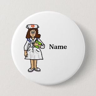 Brünette weibliche Krankenschwester Button Name hi