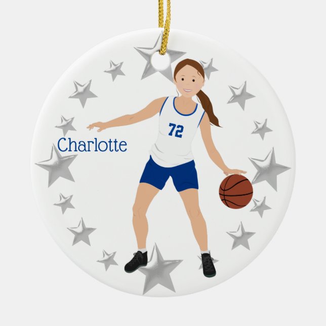 Brünetter Girl-Basketball-Spieler weiß und blau Keramik Ornament (Vorne)