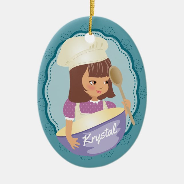 Brünetter Koch-Bäcker personalisiert Weihnachten Keramik Ornament (Vorne)