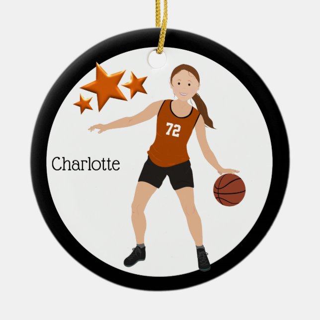 Brünetter Mädchen-Basketball-Spieler orange und Keramik Ornament (Vorne)
