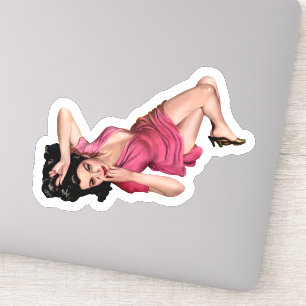 Brünettes Button-up Girl in Pink Dress Vintag Art Aufkleber