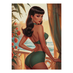 Brünettes Button-Up Green Bikini Seaview Balkon Poster