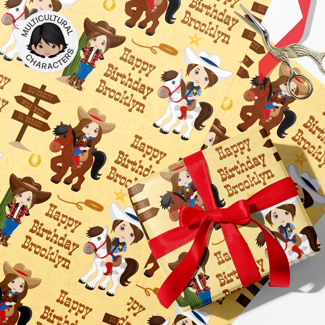 Brünettes Cowgirl Personalisiert Wrapping Paper Geschenkpapier (Von Creator hochgeladen)