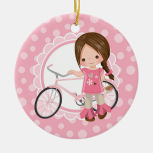 Brünettes Fahrrad-Mädchen - rosa Weiß Keramik Ornament