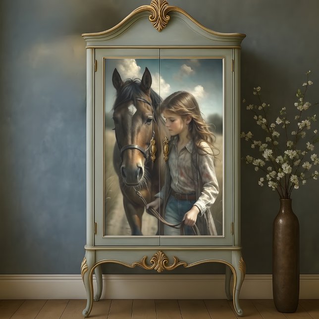 Brünettes Girl Brown Pferd Rustikales Landdekoupag Seidenpapier (Brunette Girl Brown Horse Rustic Country Decoupage Tissue Paper)