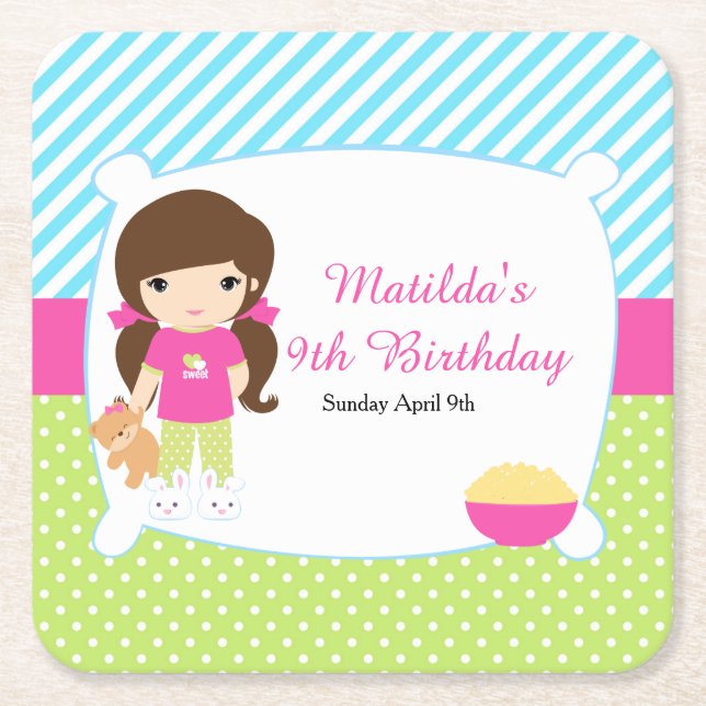 Brünettes Girl Sleepover Slumber Party Rechteckiger Pappuntersetzer (Vorderseite)