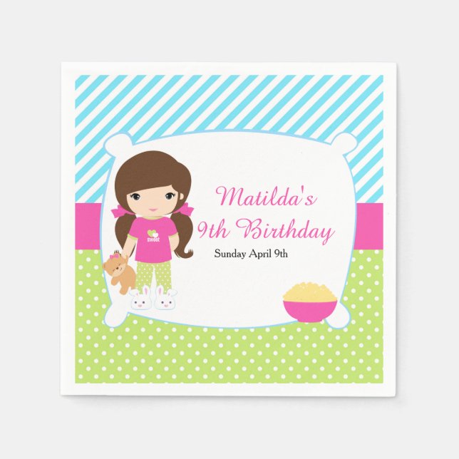 Brünettes Girl Sleepover Slumber Party Serviette (Vorderseite)