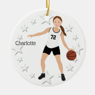 Brünettes schwarz-weißes Basketballmädchen Keramik Ornament